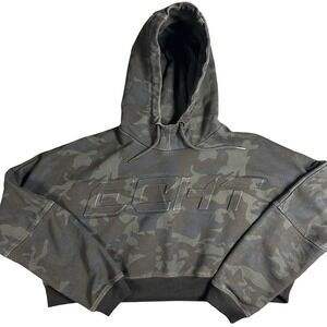 ECHT Womens Camo Cropped Hoodie Green Gray Embossed Logo Size M